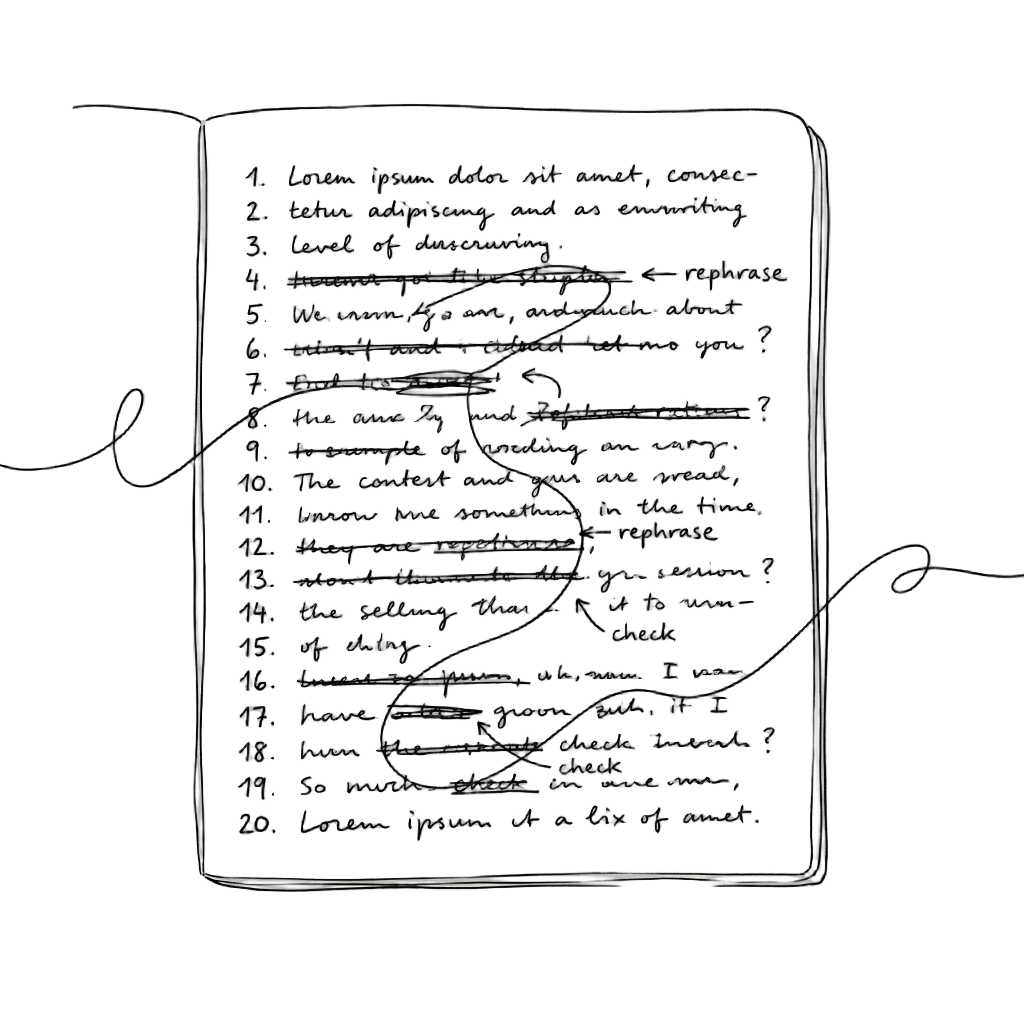 A notebook page of twenty hand-written questions, some struck through, some added.