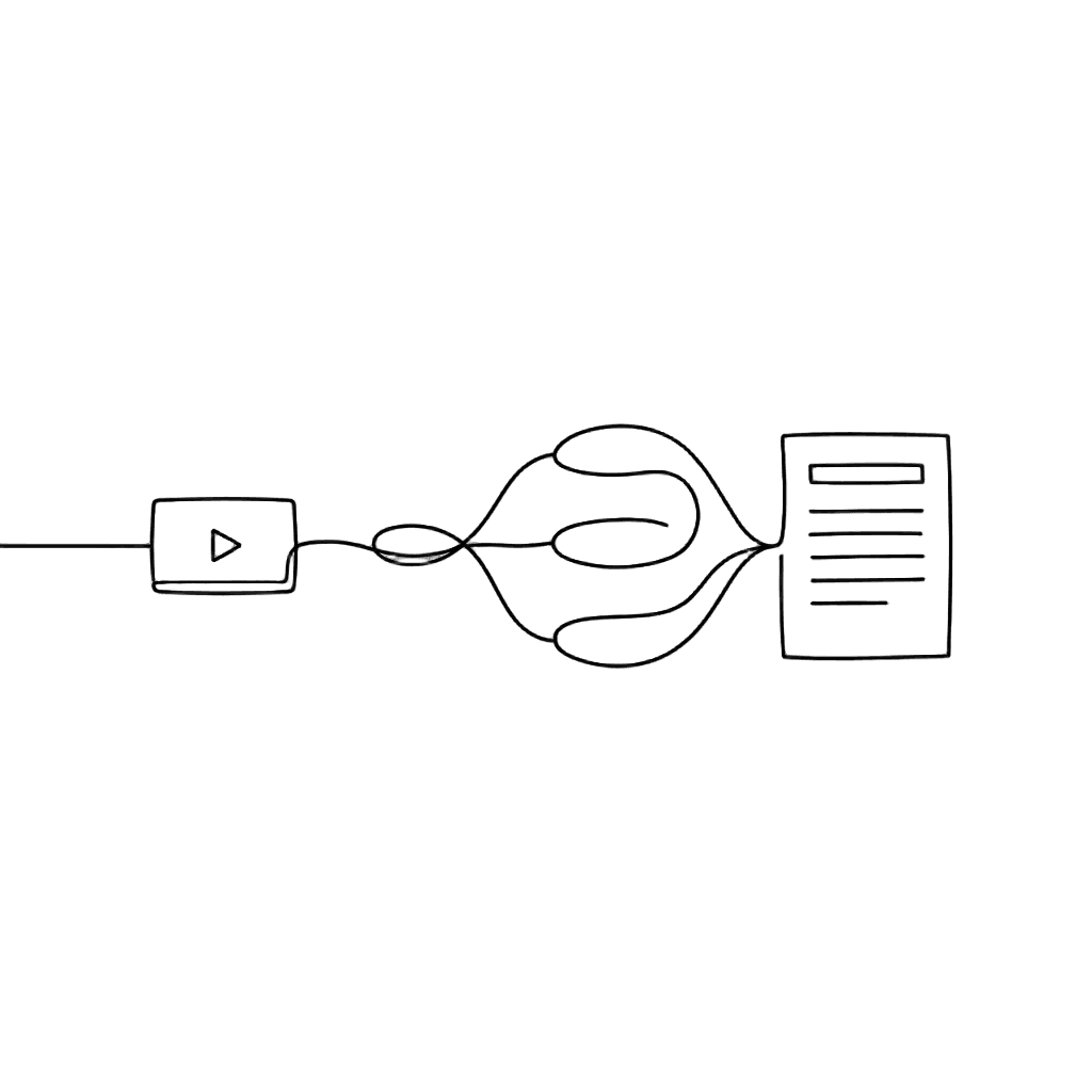 A line resolving into four artifacts: a small play-button rectangle, a concept map of three lines, a written report page, and a catalyst draft.